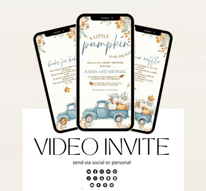 Video Fall Baby Shower Invitation Little Pumpkin Baby Shower Invitation Autumn Baby Shower Fall Hello Baby Shower pumpkin truck -6