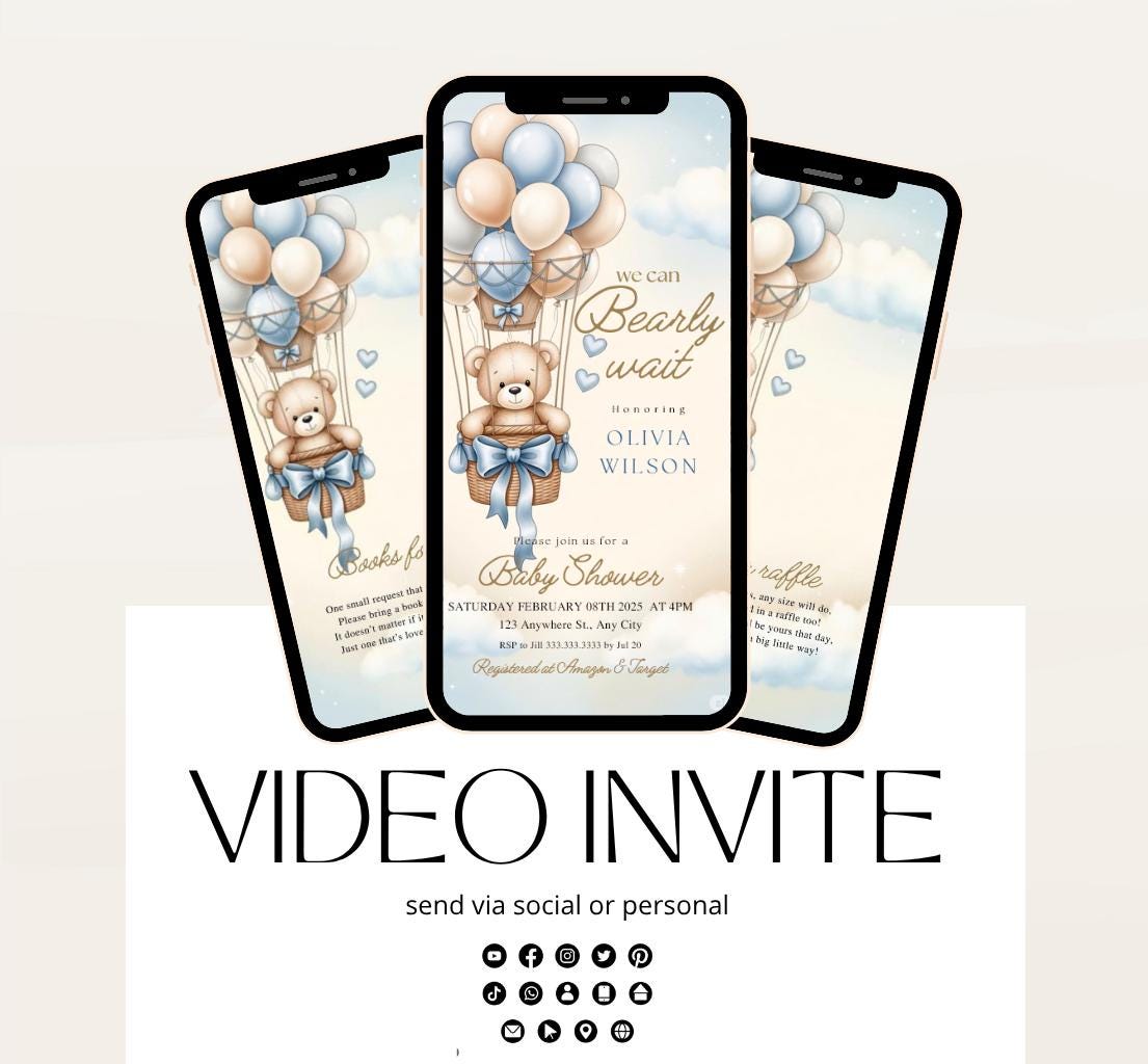 Video We Can Bearly Wait Baby Shower Invitation Teddy Bear Hot air Balloon Bear Theme Invites, Baby shower teddy bear invite animated-7