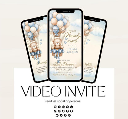 Video We Can Bearly Wait Baby Shower Invitation Teddy Bear Hot air Balloon Bear Theme Invites, Baby shower teddy bear invite animated-7