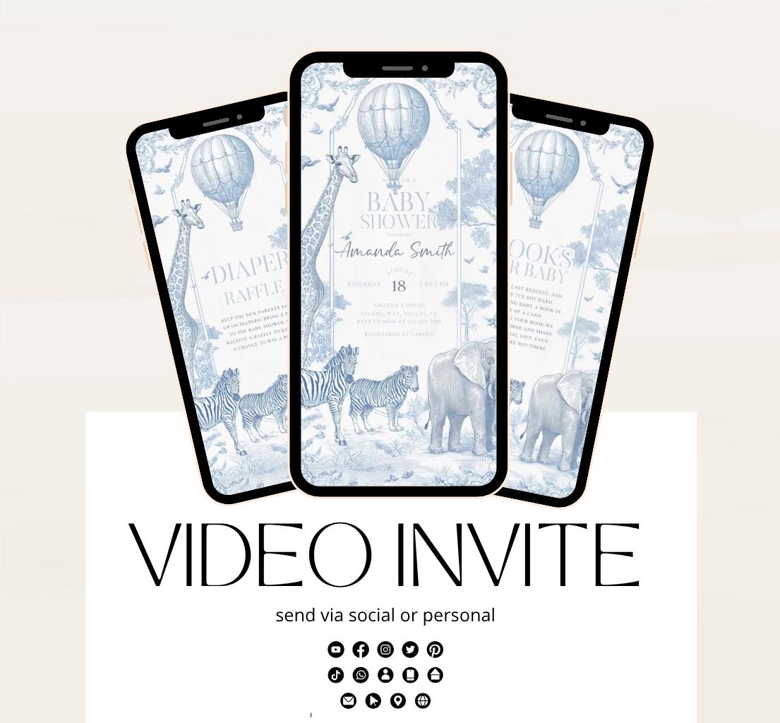 Toile de jouy Safari Baby Shower Invitation, Safari Animal Baby Boy Shower Digital Video Toile de Jouy Baby Shower Invite Safari-1