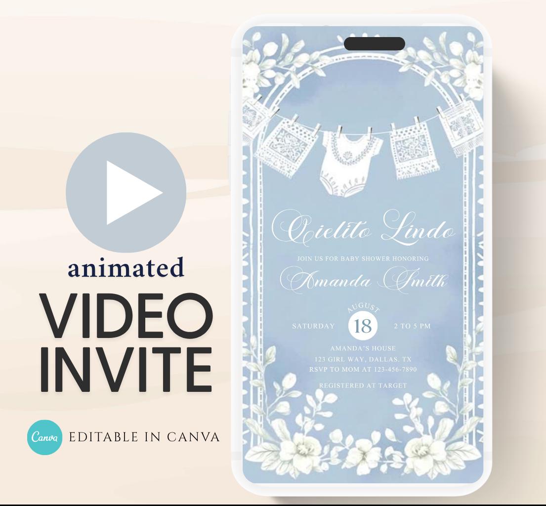 Video Cielito Lindo Baby Shower Invitation, Mexican Baby shower Editable Talavera Theme Papel Picado Invite. Dusty Blue template-2