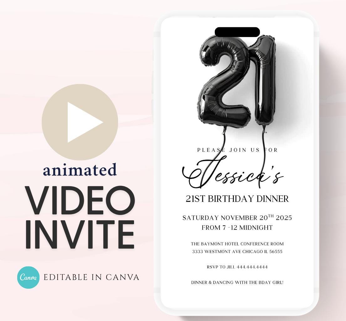 Animated 21st Evite Birthday for Adult Invite, Modern 21st Birthday Invite, Digital Animated Balloons Digital 21st Birthday-2