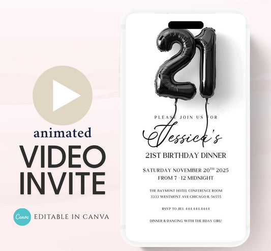 Animated 21st Evite Birthday for Adult Invite, Modern 21st Birthday Invite, Digital Animated Balloons Digital 21st Birthday-2