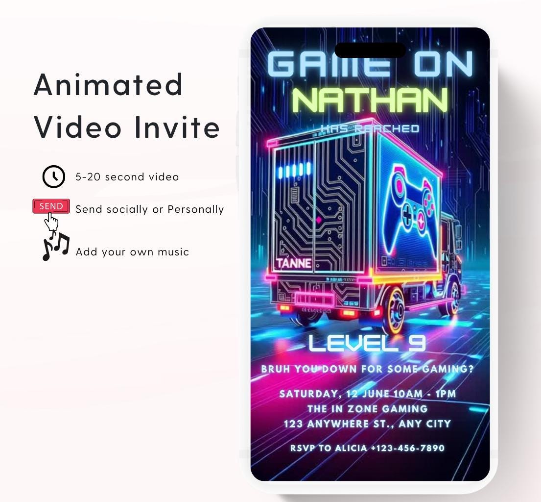 Video Game Party Invitation, Level Up Birthday Invite, Gamer Boy Birthday, Arcade Party, Gaming truck, Gamer boy party invite-3