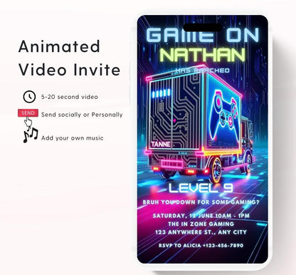 Video Game Party Invitation, Level Up Birthday Invite, Gamer Boy Birthday, Arcade Party, Gaming truck, Gamer boy party invite-3