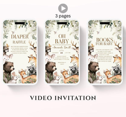 Animated Woodland Baby Shower Invitation, Boy Woodland Baby Shower Invite, Woodland Animals Baby Shower, Greenery Boho invitation Woodland-4