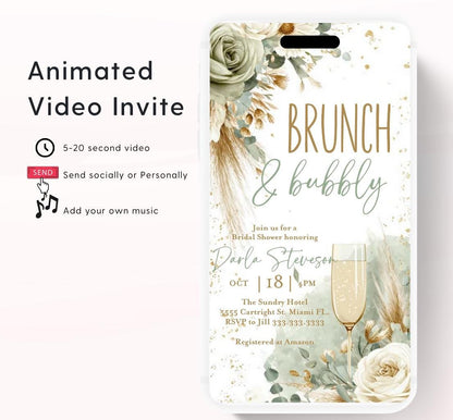 Brunch and Bubbly Bridal Shower Invitation Video, Champagne Shower Invite, Boho sage green Bridal Shower Invitation, Brunch Invite-3
