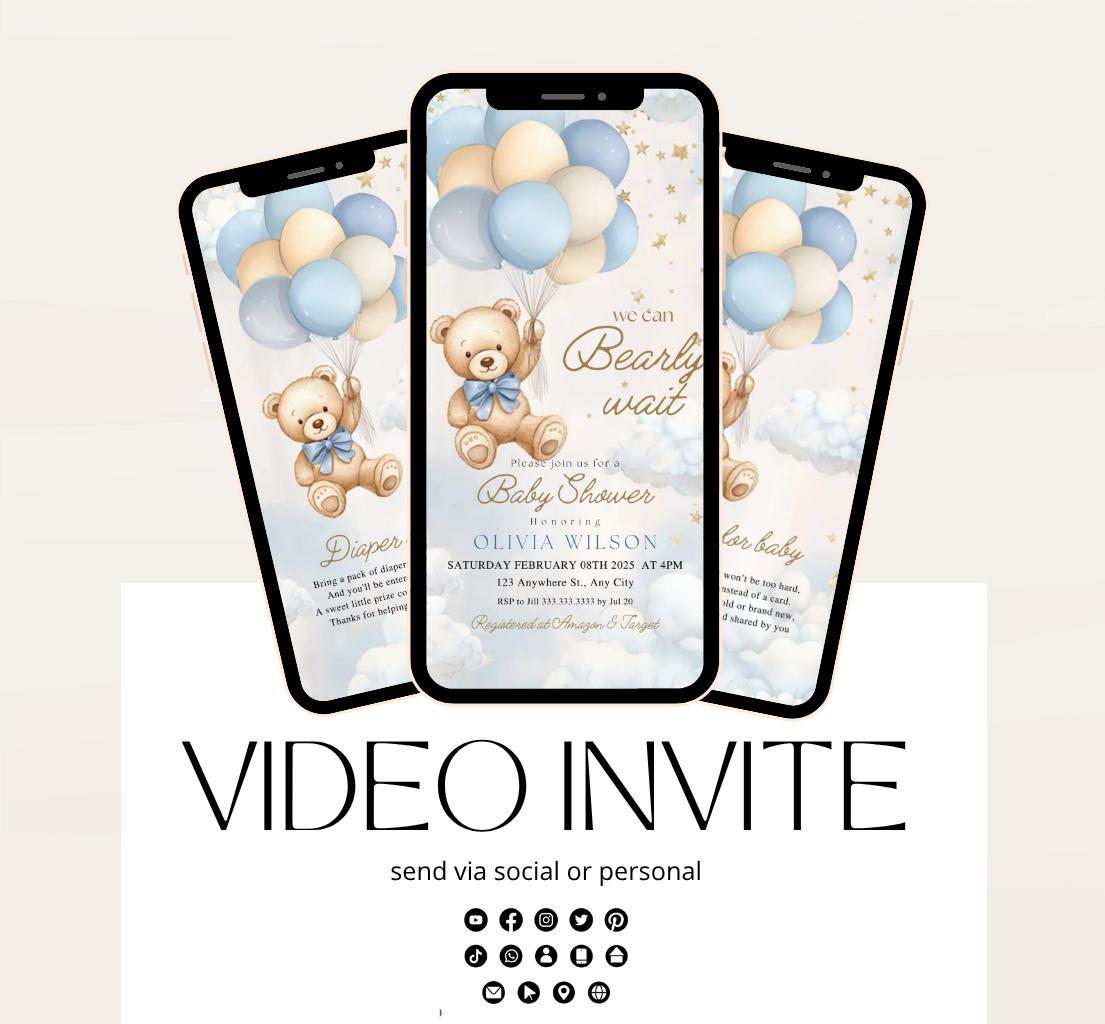 Video We Can Bearly Wait Baby Shower Invitation Teddy Bear Balloon Bear Theme Invites, Baby shower teddy bear invite animated-1