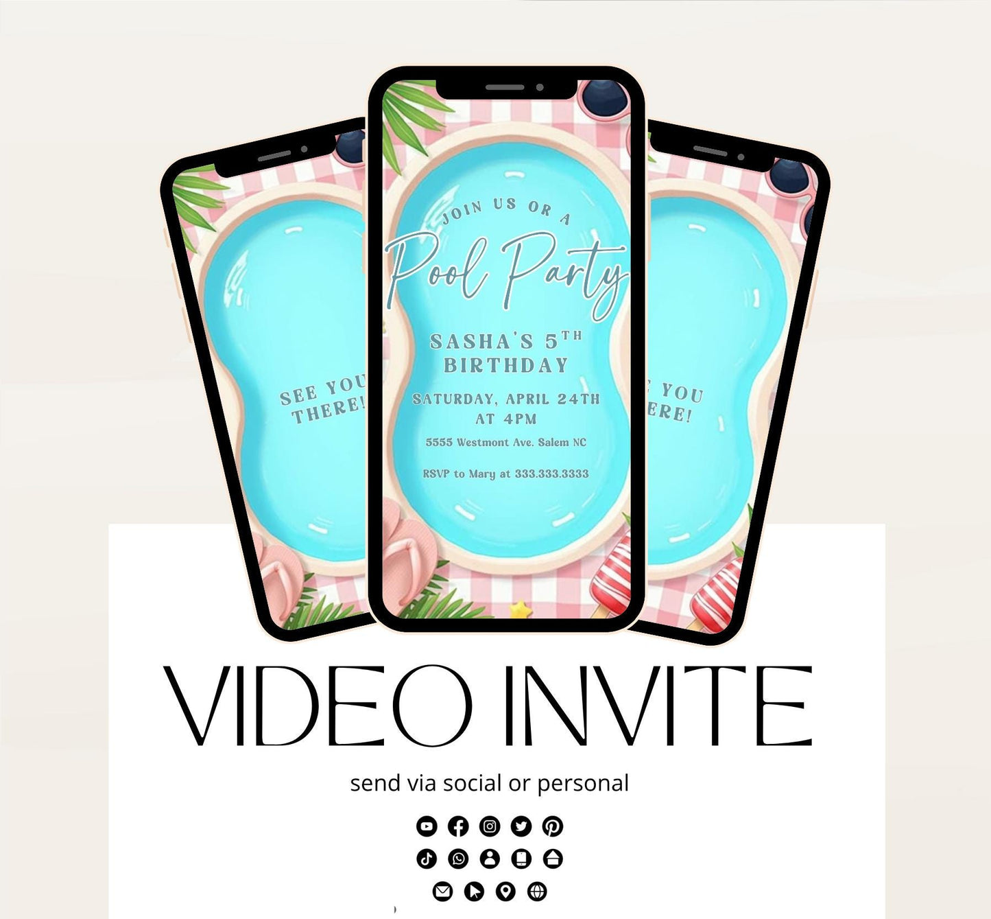 Pool party birthday invitation, pool party digital invitation, summer party invitation, birthday invitation, Pool invitation-3