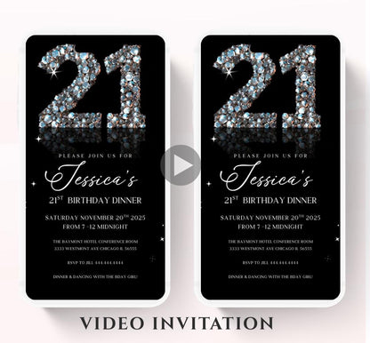 Animated 21st Evite Birthday for Adult Invite, Modern 21st Birthday Invite, Digital Animated Diamond Digital 21st Birthday-1