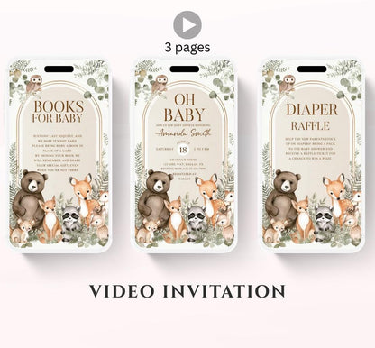 Animated Woodland Baby Shower Invitation, Boy Woodland Baby Shower Invite, Woodland Animals Baby Shower, Greenery Boho invitation Woodland-3