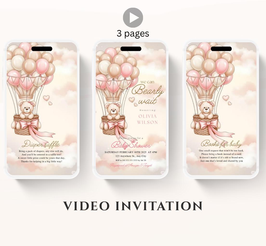 Teddy Bear Baby Shower Invitation We Can Bearly Wait Invite hot air balloon Teddy Bear Template girl Animated balloon teddy bear video- 7