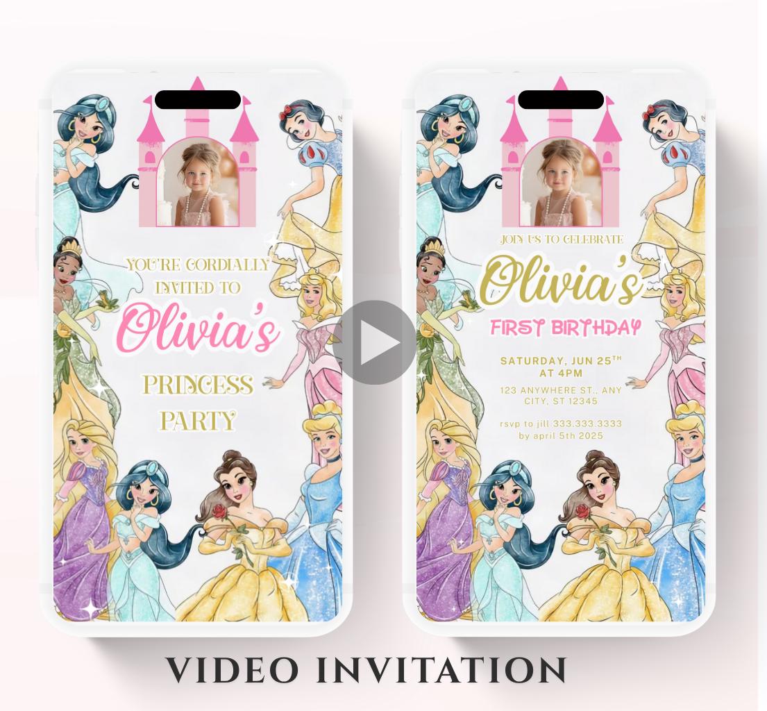 Princess Birthday Invitation, Princess Invitation, Princess Party Invitation, Girl Princesses Theme Invite Digital Editable Video invite-1