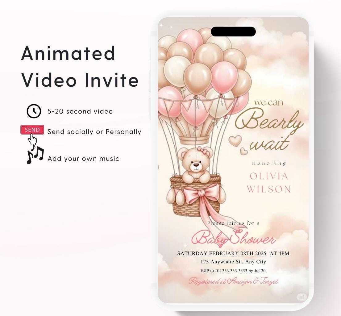 Teddy Bear Baby Shower Invitation We Can Bearly Wait Invite hot air balloon Teddy Bear Template girl Animated balloon teddy bear video- 7