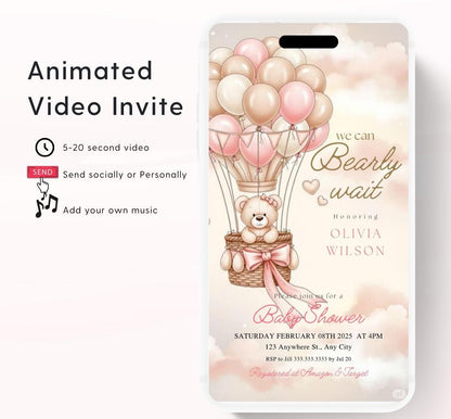 Teddy Bear Baby Shower Invitation We Can Bearly Wait Invite hot air balloon Teddy Bear Template girl Animated balloon teddy bear video- 7