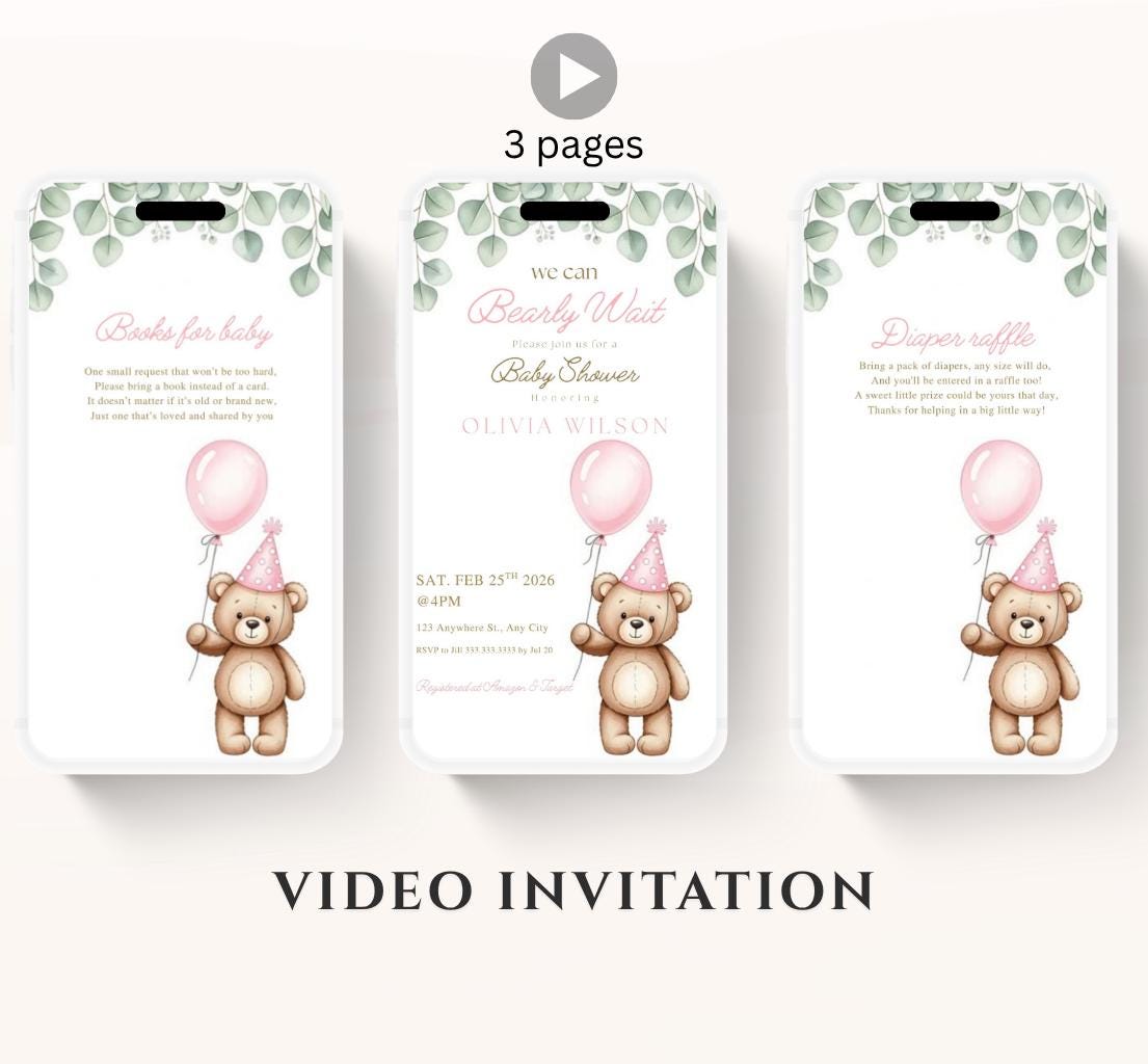 Teddy Bear Baby Shower Invitation We Can Bearly Wait Invite balloon Teddy Bear Template girl Animated balloon teddy bear video- 5