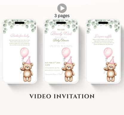 Teddy Bear Baby Shower Invitation We Can Bearly Wait Invite balloon Teddy Bear Template girl Animated balloon teddy bear video- 5