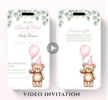 Teddy Bear Baby Shower Invitation We Can Bearly Wait Invite balloon Teddy Bear Template girl Animated balloon teddy bear video- 5
