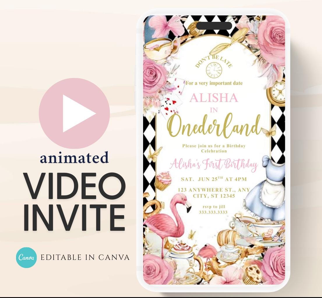 Video Wonderland birthday invitation, Alice in wonderland birthday invitation, Mad hatter first birthday, Wonderland first birthday invite-2