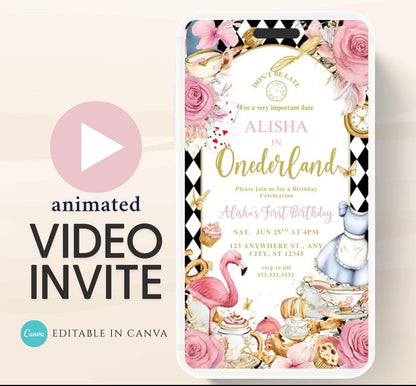 Video Wonderland birthday invitation, Alice in wonderland birthday invitation, Mad hatter first birthday, Wonderland first birthday invite-2