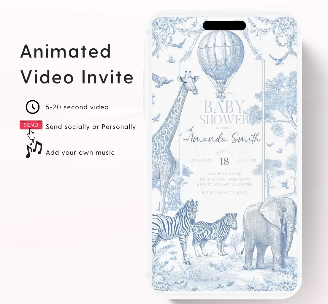 Toile de jouy Safari Baby Shower Invitation, Safari Animal Baby Boy Shower Digital Video Toile de Jouy Baby Shower Invite Safari-1
