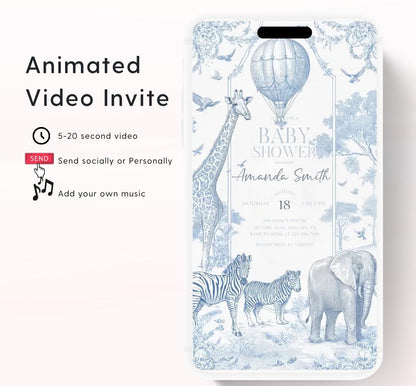 Toile de jouy Safari Baby Shower Invitation, Safari Animal Baby Boy Shower Digital Video Toile de Jouy Baby Shower Invite Safari-1