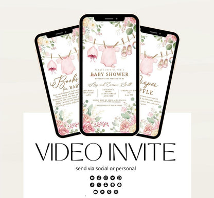 Boho Girl Clothesline Baby Shower Invitation, Boho Baby Clothes, Editable Instant Digital Animated Video invitation-1