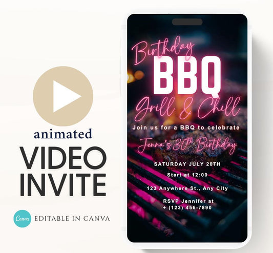 Digital Birthday BBQ Chill and Grill Invitation. Animated Barbeque Party Invite in Neon Pink. Birthday invite Video-2
