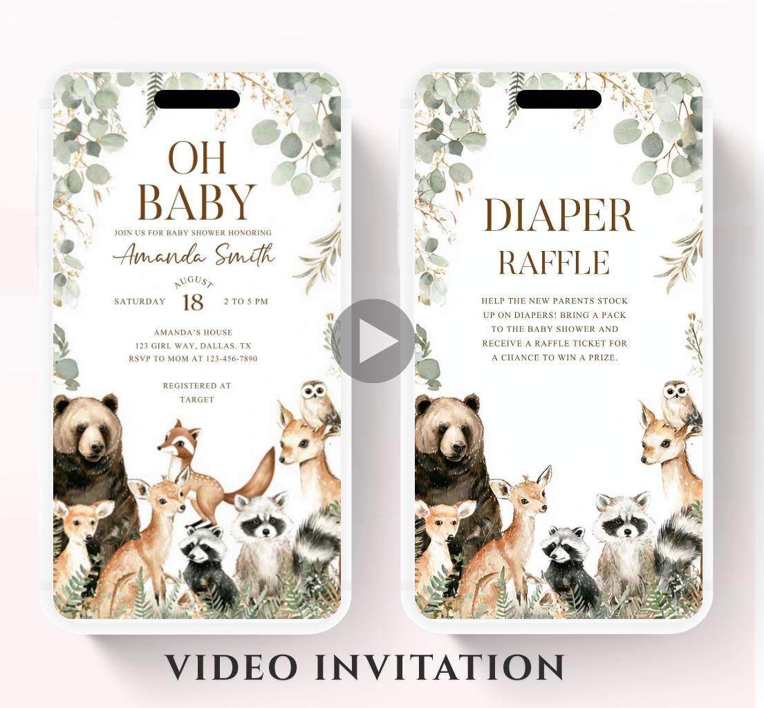 Animated Woodland Baby Shower Invitation, Boy Woodland Baby Shower Invite, Woodland Animals Baby Shower, Greenery Boho invitation Woodland-5