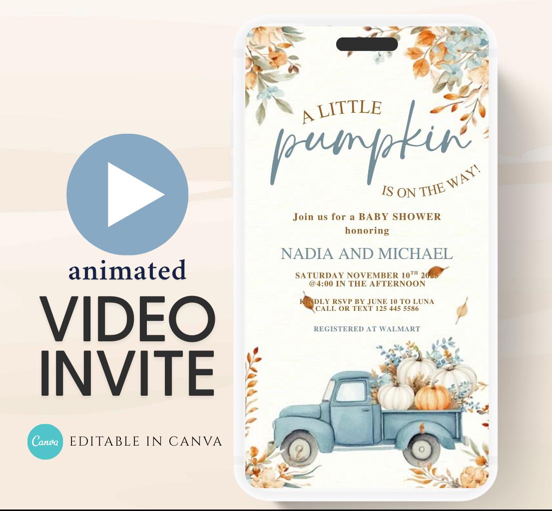Video Fall Baby Shower Invitation Little Pumpkin Baby Shower Invitation Autumn Baby Shower Fall Hello Baby Shower pumpkin truck -6