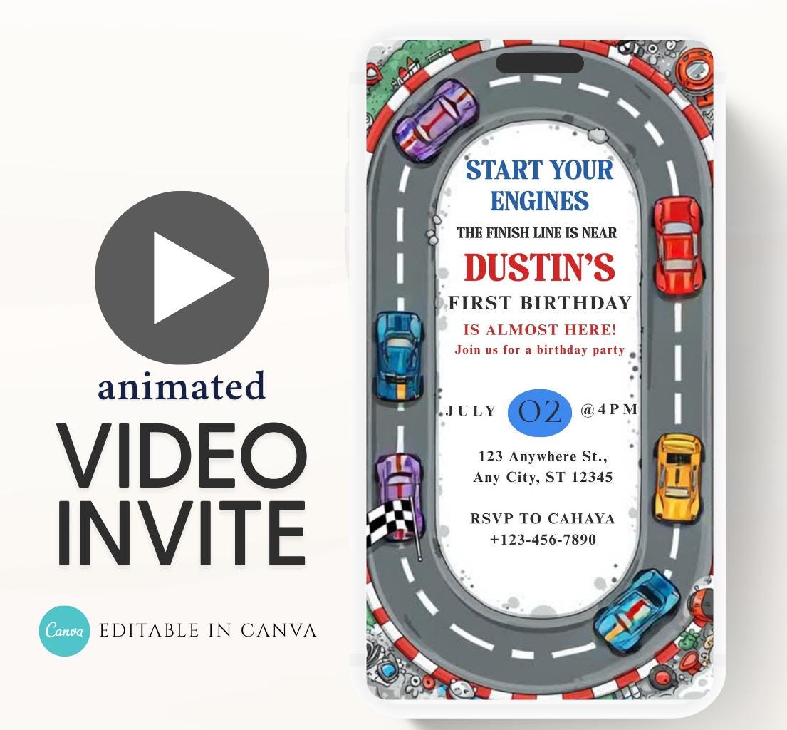 Race car Fast One Birthday Invitation, Video Race Car Birthday Invite, Editable 1st Birthday Boy Party Invitation First Birthday-1