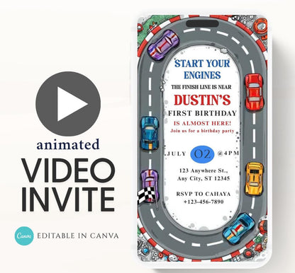 Race car Fast One Birthday Invitation, Video Race Car Birthday Invite, Editable 1st Birthday Boy Party Invitation First Birthday-1