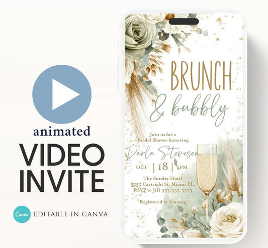 Brunch and Bubbly Bridal Shower Invitation Video, Champagne Shower Invite, Boho sage green Bridal Shower Invitation, Brunch Invite-3