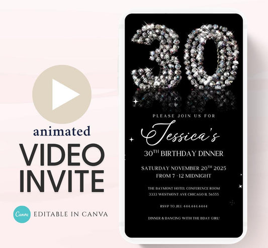 Animated 30th Evite Birthday for Adult Invite, Modern 30th Birthday Invite, Digital Animated Diamond Digital 30th Birthday-1