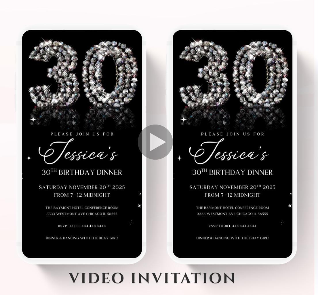 Animated 30th Evite Birthday for Adult Invite, Modern 30th Birthday Invite, Digital Animated Diamond Digital 30th Birthday-1