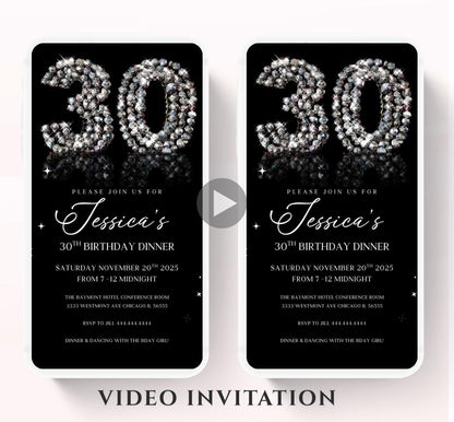 Animated 30th Evite Birthday for Adult Invite, Modern 30th Birthday Invite, Digital Animated Diamond Digital 30th Birthday-1