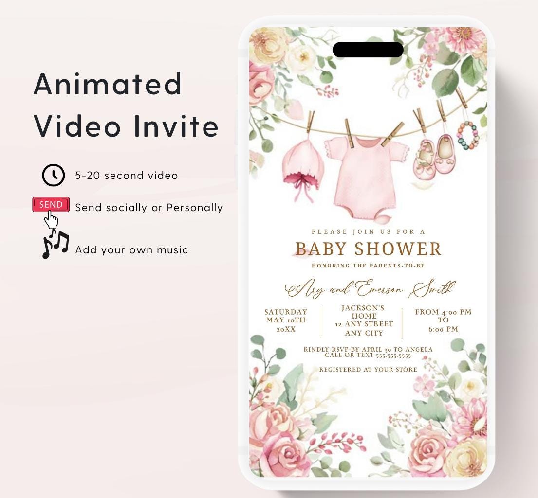 Boho Girl Clothesline Baby Shower Invitation, Boho Baby Clothes, Editable Instant Digital Animated Video invitation-1