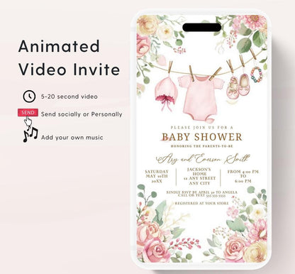 Boho Girl Clothesline Baby Shower Invitation, Boho Baby Clothes, Editable Instant Digital Animated Video invitation-1