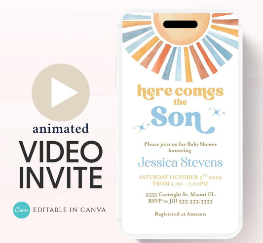 Animated Sunshine Baby Shower Invitation, Here Comes the Son Baby Shower Invite, Boy Sonshine Baby Shower, Boho Sunshine Shower sun baby-3