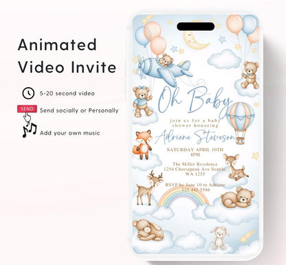 Flying Teddy Bear Baby Shower Invitation We Can Bearly Wait Invite balloon Teddy Bear Template Boy Animated video- 3