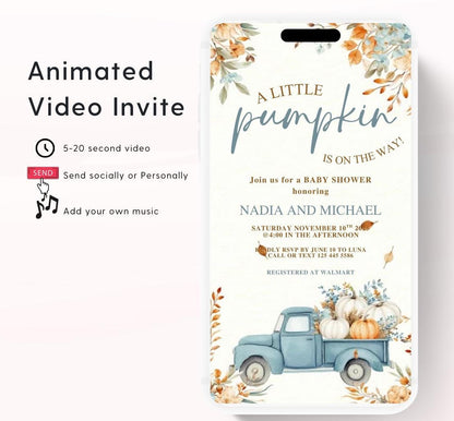 Video Fall Baby Shower Invitation Little Pumpkin Baby Shower Invitation Autumn Baby Shower Fall Hello Baby Shower pumpkin truck -6