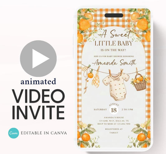 A Little Cutie Baby Shower Invitation, Gender Neutral Baby Shower Invite, Oranges cutie baby shower Video invitation-2