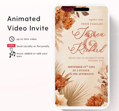 Animated Wedding invitation, Wedding Boho Terracotta Pampas invitation, wedding invitation template, Video Wedding invite, wedding invite-9