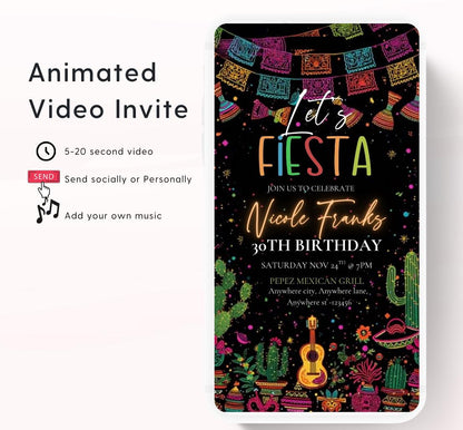 Lets Fiesta Invitation Taco invite, Digital Mexican Theme Birthday Party Invite Latin Celebration Let's Fiesta Cumpleaños Video invitation-1