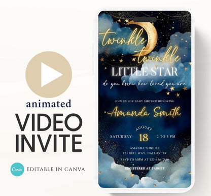 Twinkle little star baby shower invitation, Blue Twinkle Twinkle Little Star Baby Shower Invitation, Moon and Stars Baby Shower, Video-2