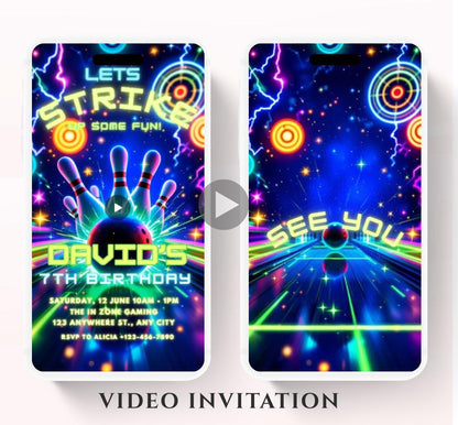 Video Bowling Birthday Invitation, Glow Bowling Invitation, Neon Bowling Party, Boy Bowling Invite, Glow Invite, Strike Up Some Fun-1