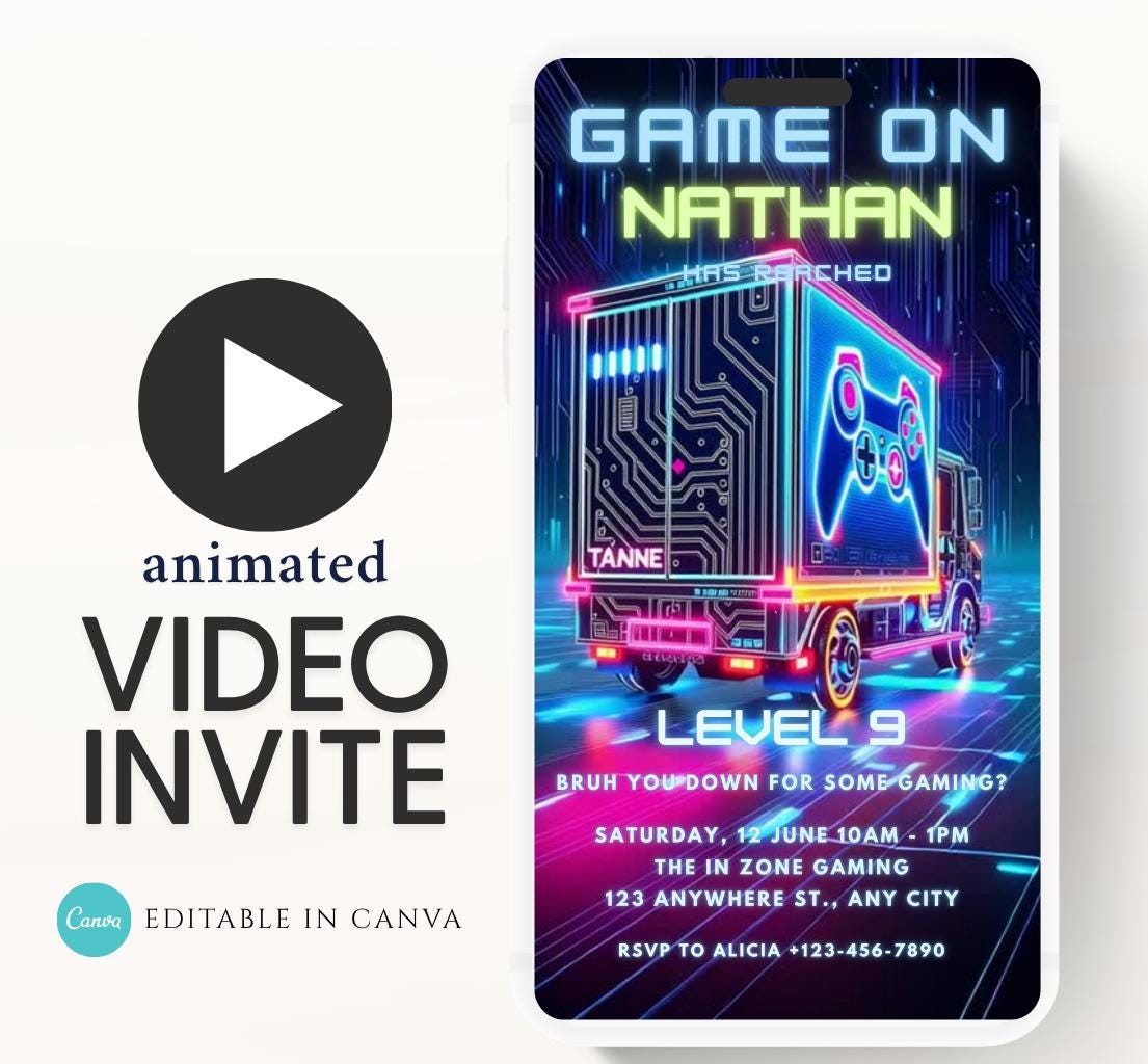 Video Game Party Invitation, Level Up Birthday Invite, Gamer Boy Birthday, Arcade Party, Gaming truck, Gamer boy party invite-3