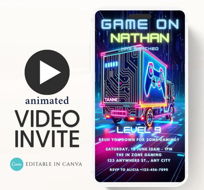 Video Game Party Invitation, Level Up Birthday Invite, Gamer Boy Birthday, Arcade Party, Gaming truck, Gamer boy party invite-3