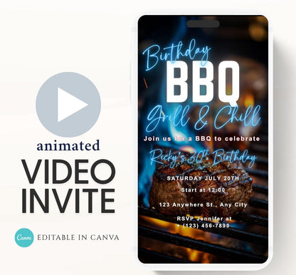 Digital Birthday BBQ Chill and Grill Invitation. Animated Barbeque Party Invite in Neon blue. Birthday invite Video-3