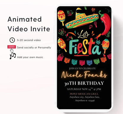 Lets Fiesta Invitation Taco invite, Digital Mexican Theme Birthday Party Invite Latin Celebration Let's Fiesta Cumpleaños Video invitation-2